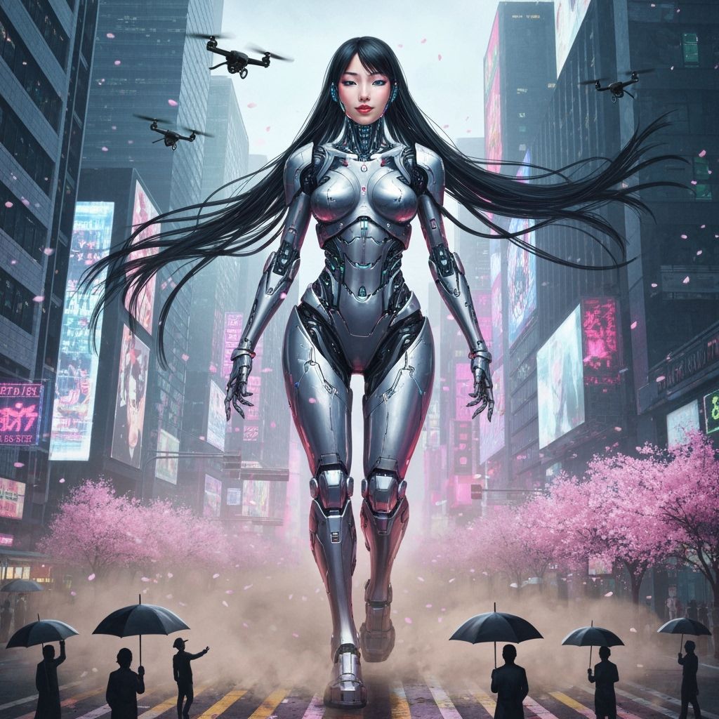 Cybernetic Goddess Walks Through Neon Metropolis