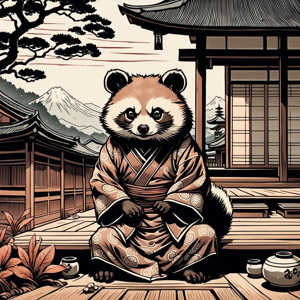 Tanuki in Ukio-e Style Home Portrait