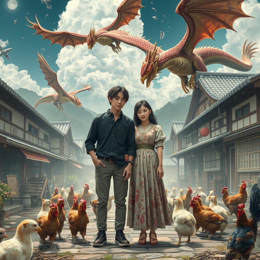 Majestic Dragons Soar Over Japanese Village in Futuristic La...