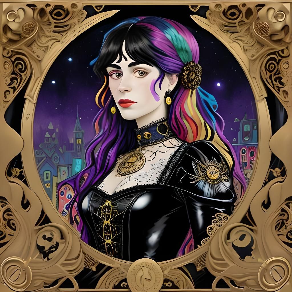 Femme Fatale Portrait in Klimt-Inspired Art Nouveau Style