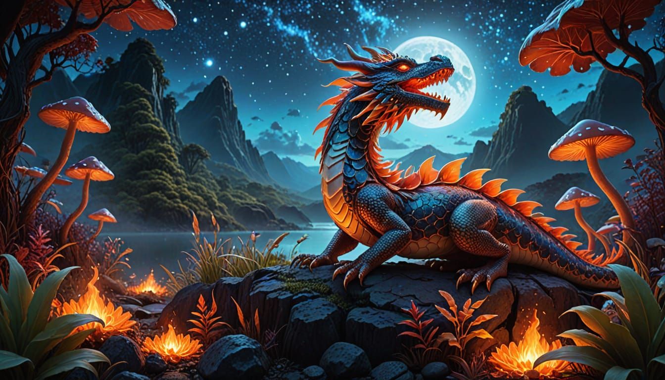 Surreal Maori Dragon in Ethereal Bioluminescent Landscape