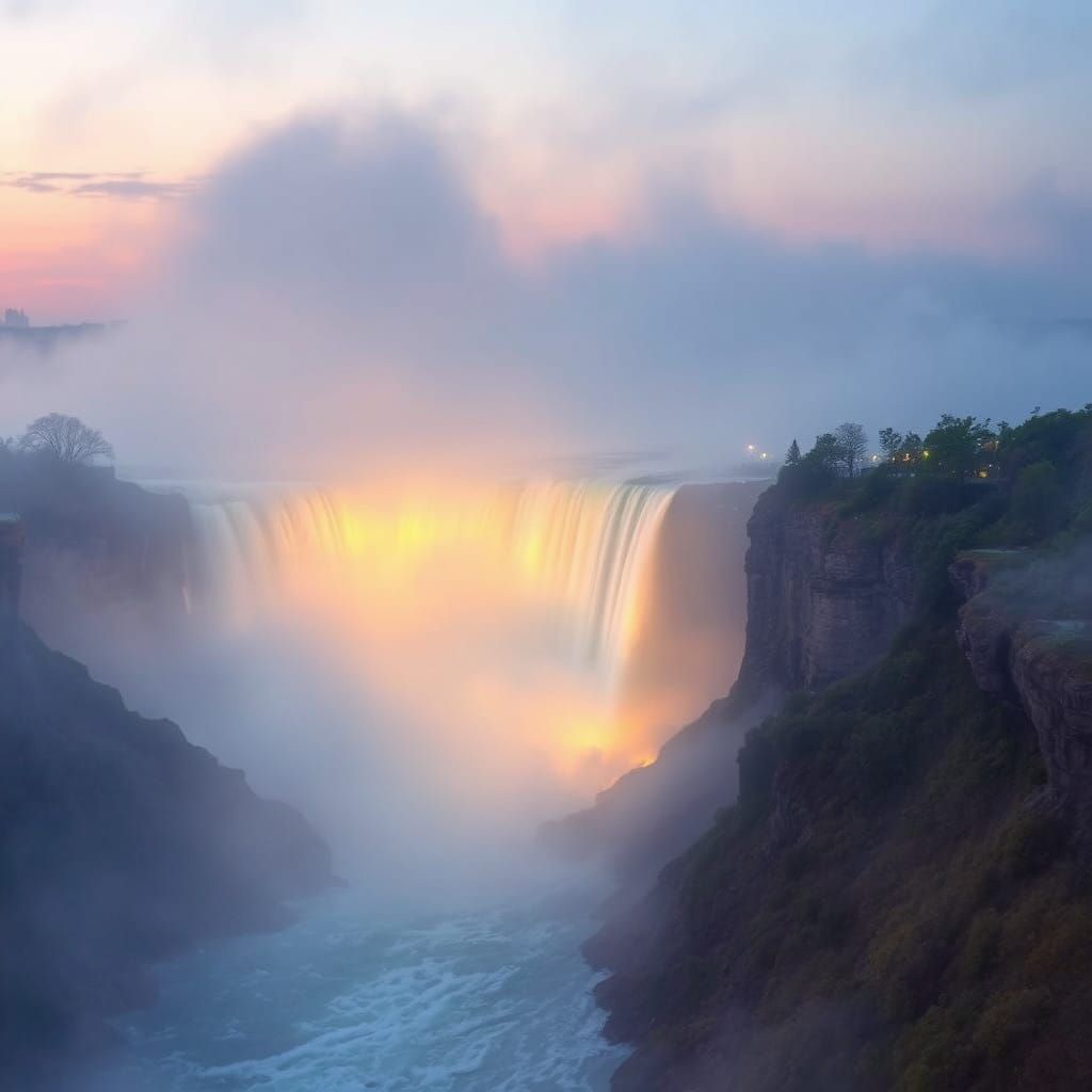 Ethereal Dusk at Niagara Falls in Dreamy, Romantic Style