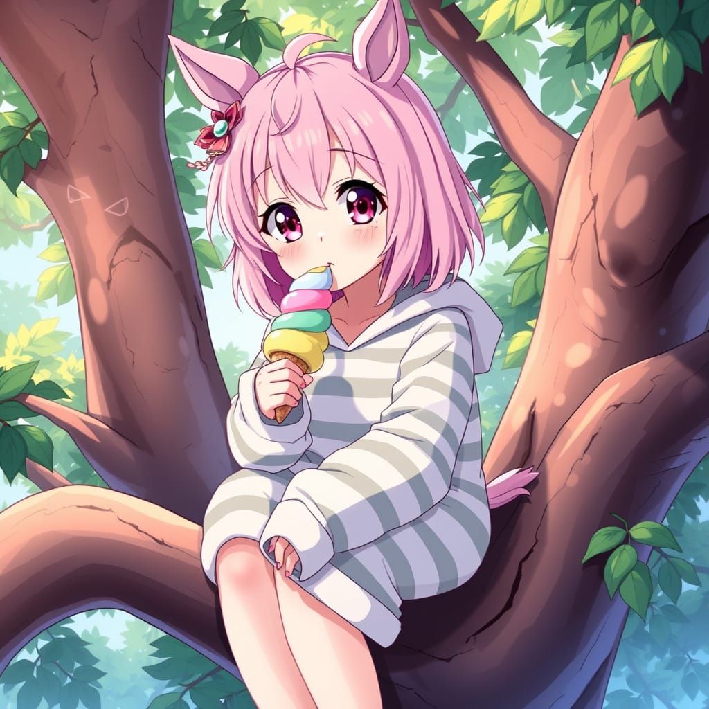 Anime Girl with Horse Ears Eating Ice Cream