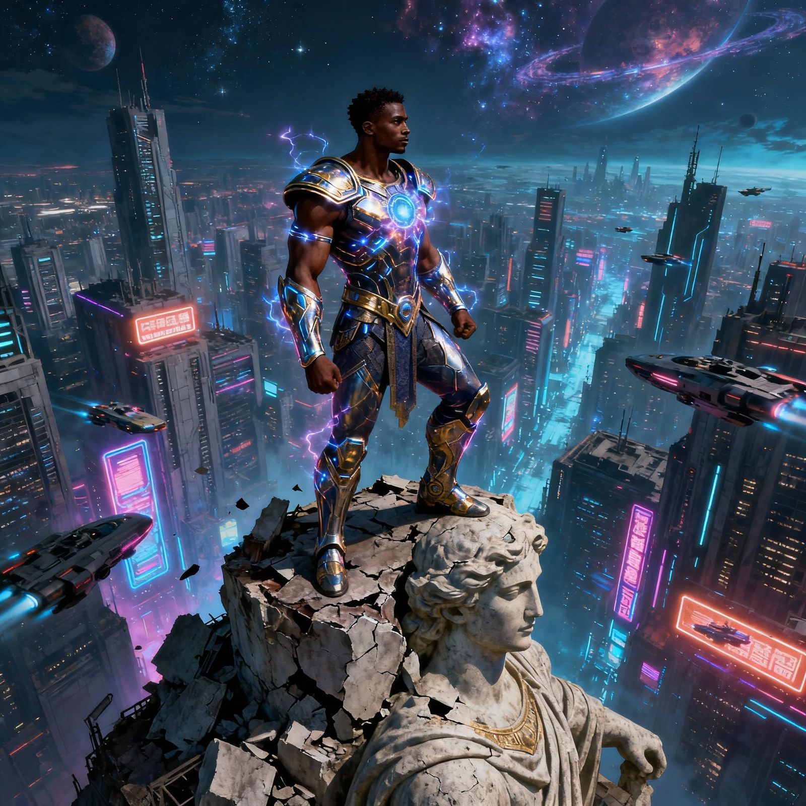 African Warrior God Overlooking Neon Metropolis