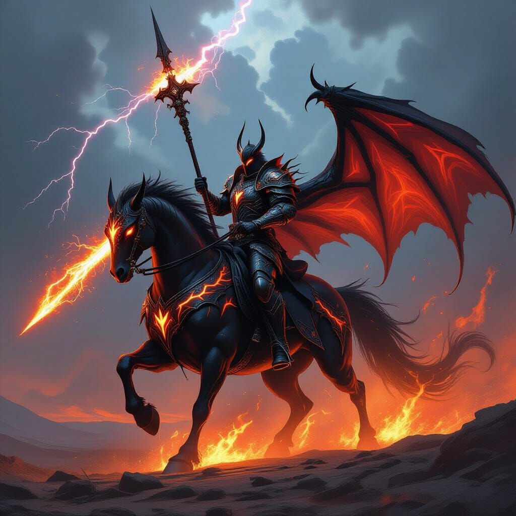 Infernal Knight on Storm Dragon in Fiery Vortex