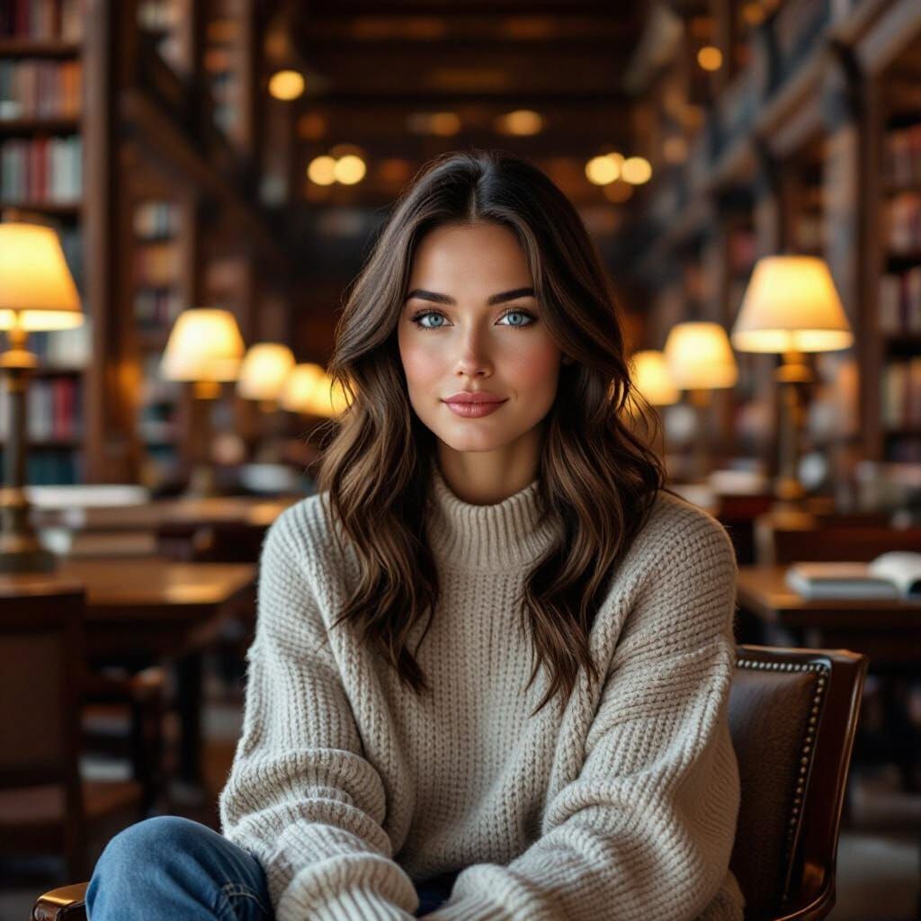 Hyperrealistic Portrait in Library Reading Room