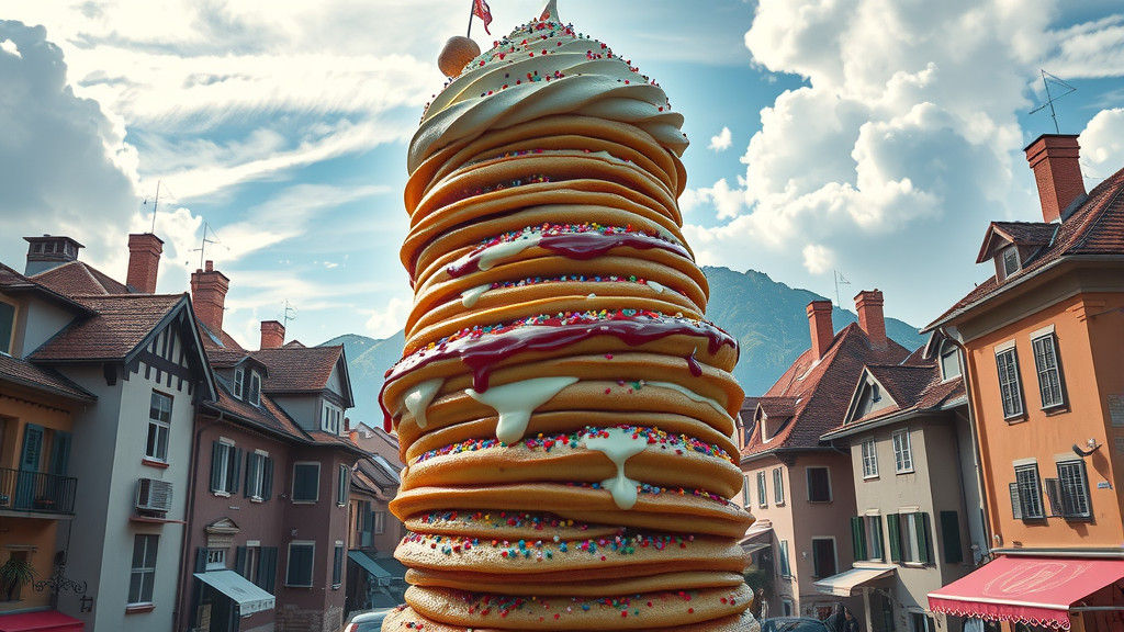 Epic Pancake Tower in Italian Town, Digital Art