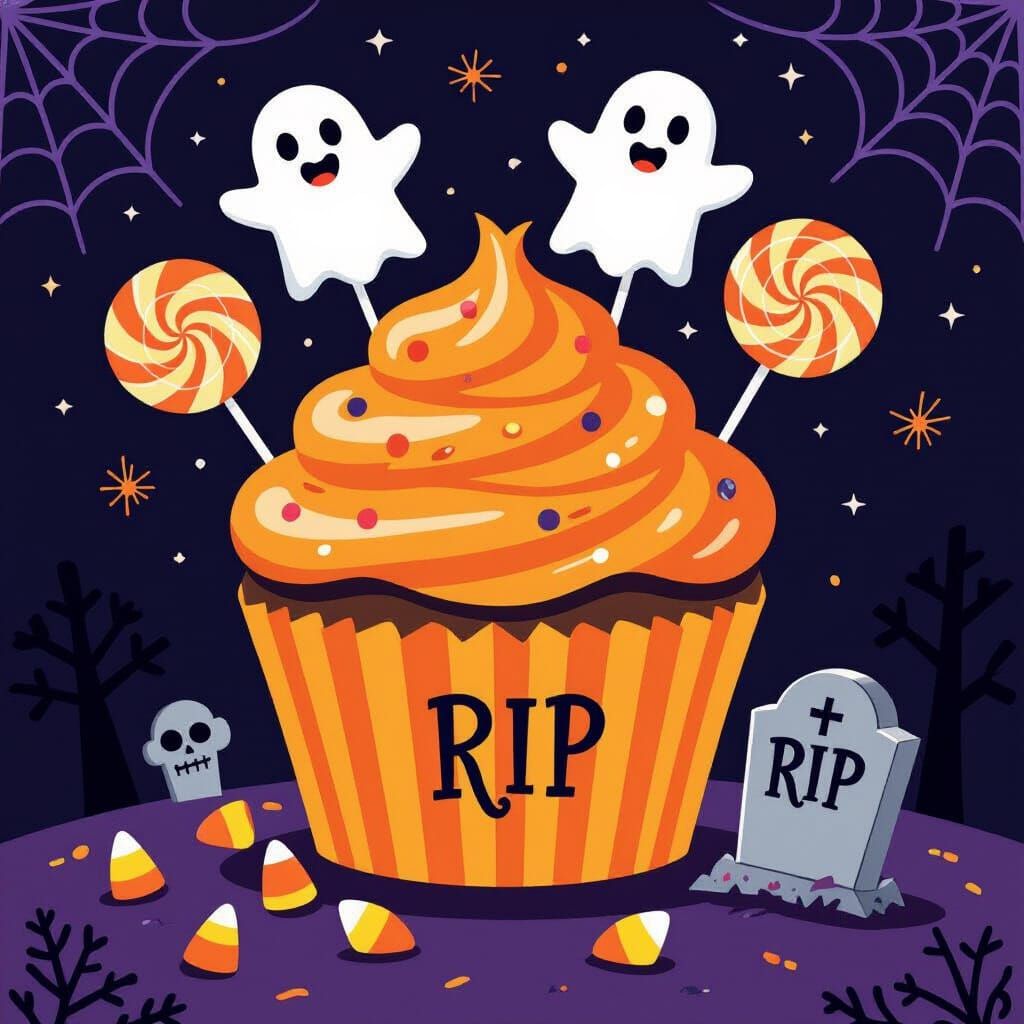 Halloween Cupcake in Whimsical Cartoon Style