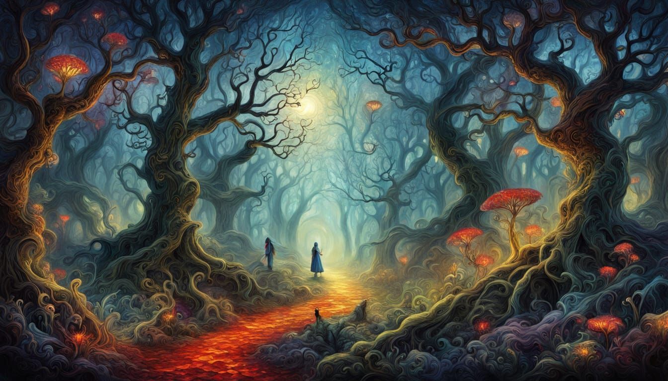 Mysterious Forest Garden with Ethereal Figures