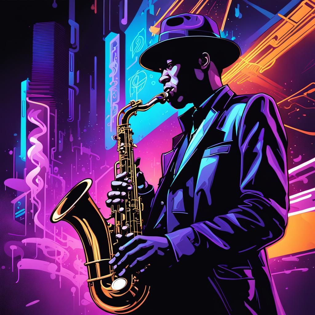Cyberpunk Saxophonist in Neon-Lit Cityscape