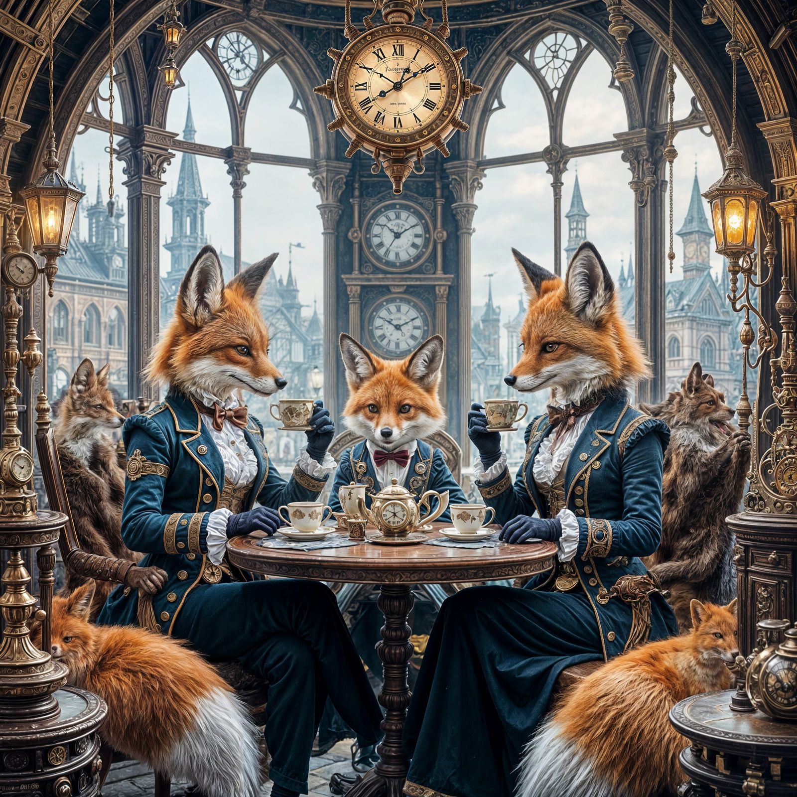 Steampunk Foxes' Tea Party in Clock Tower, Digital Art