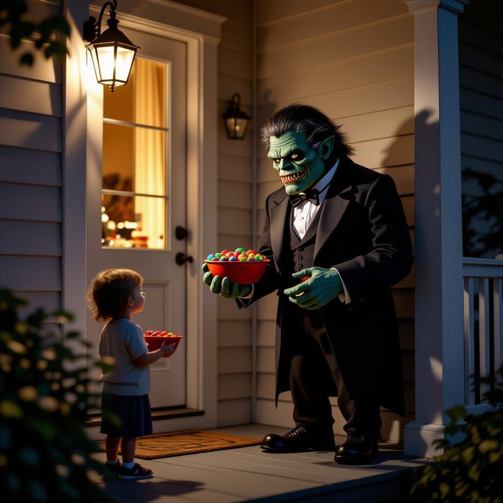 Polite Grotesque Monster Offers Candy on Dimly Lit Porch