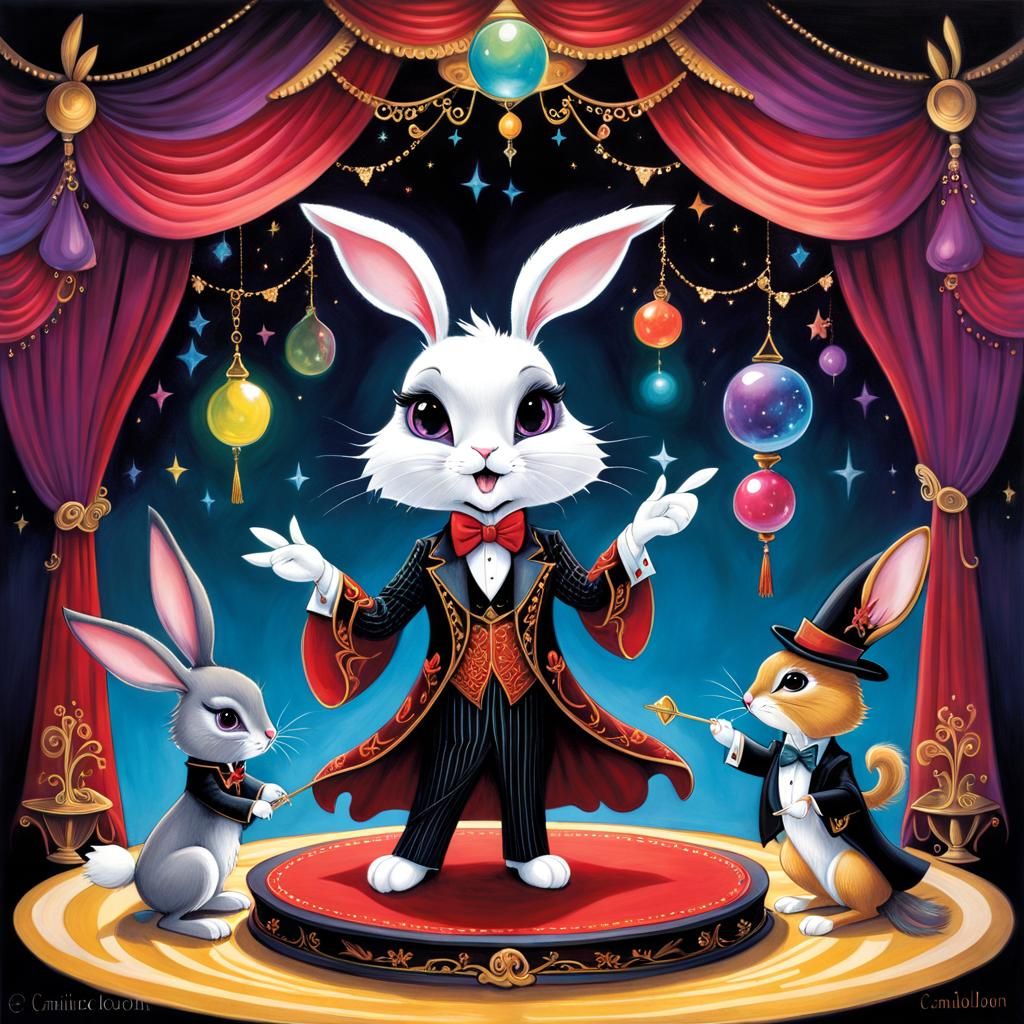 Whimsical Rabbit Magician Illustration in Burton Style