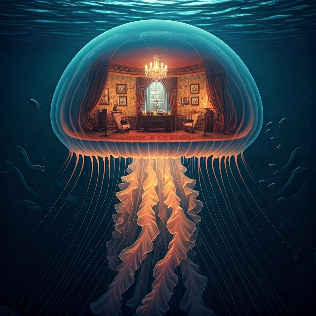 Victorian Room Floats Inside Bioluminescent Jellyfish