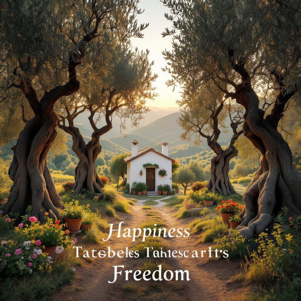 Hyperrealistic Valley with Olive Trees and House at Dawn