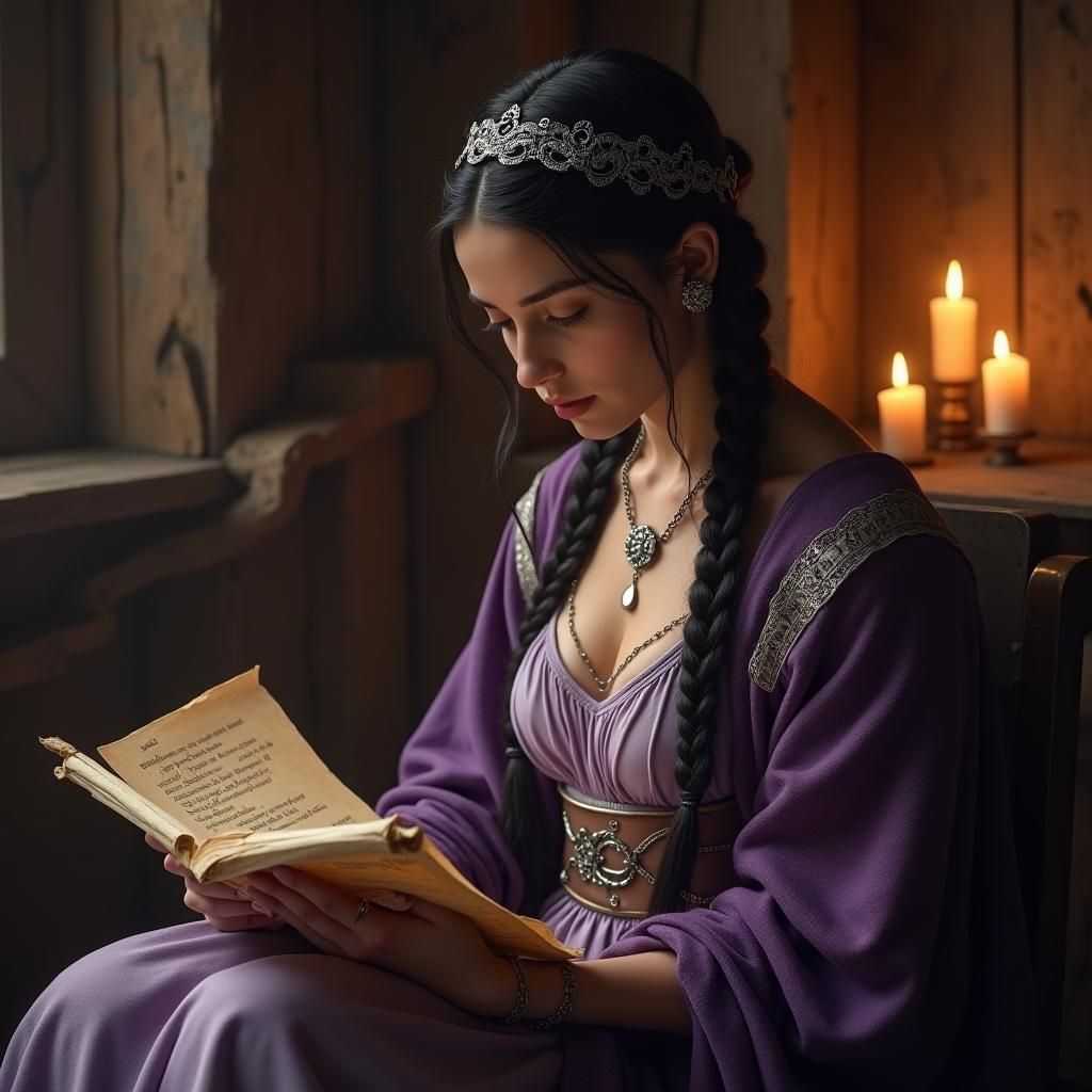 Lithuanian Goddess Budtė Reading Scroll: Matte Painting