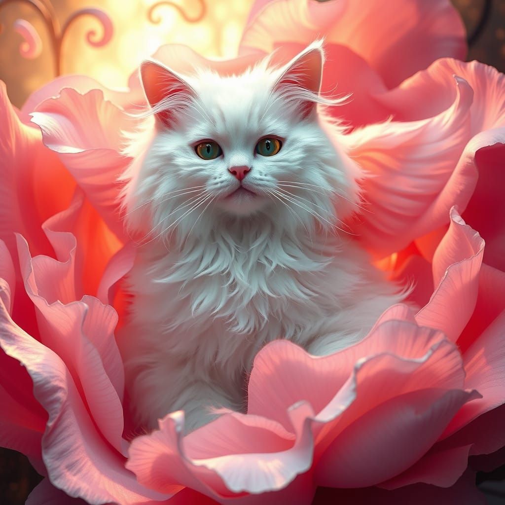 Ethereal Angel Cat in Whimsical Floral Paradise