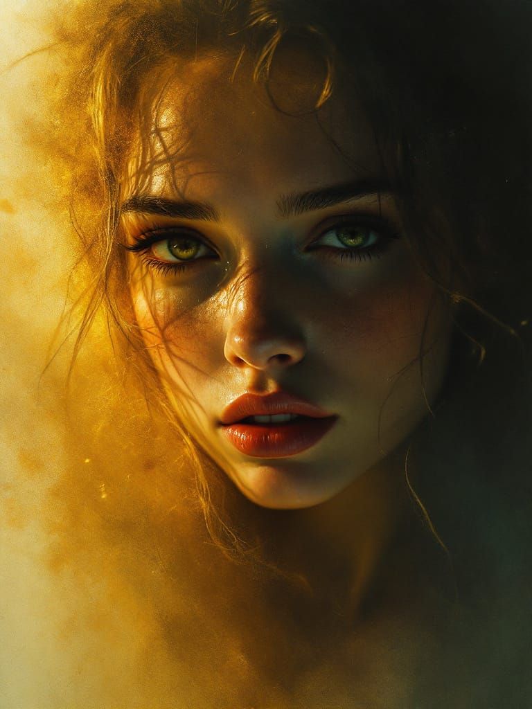 1950s Pin-Up Woman Amidst Luminous Amber and Azure Haze