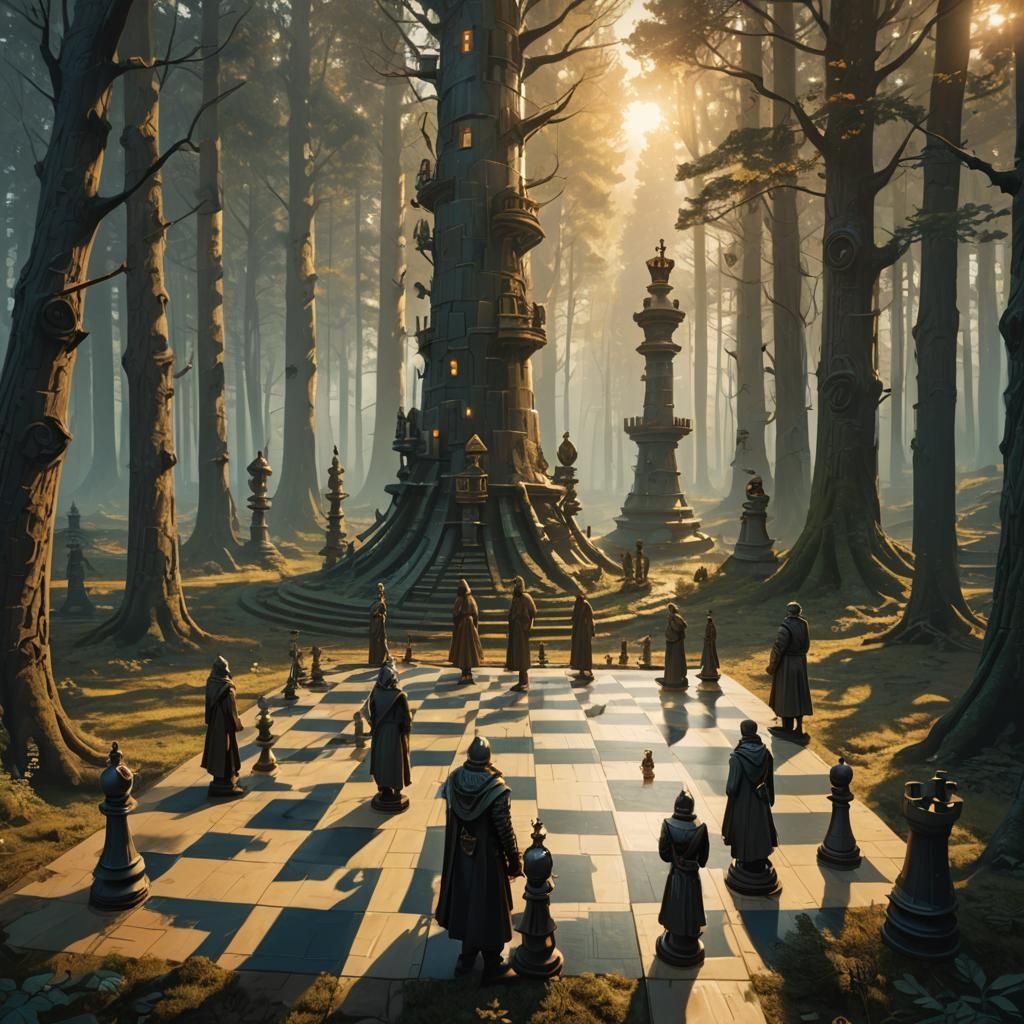 Humans on a Giant Chessboard in Mystical Forest