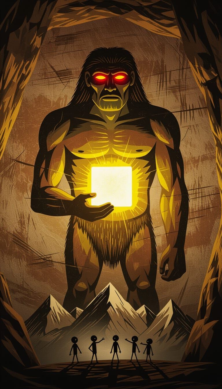 Ancient Cave Art: Giant Figure Holds Glowing Square