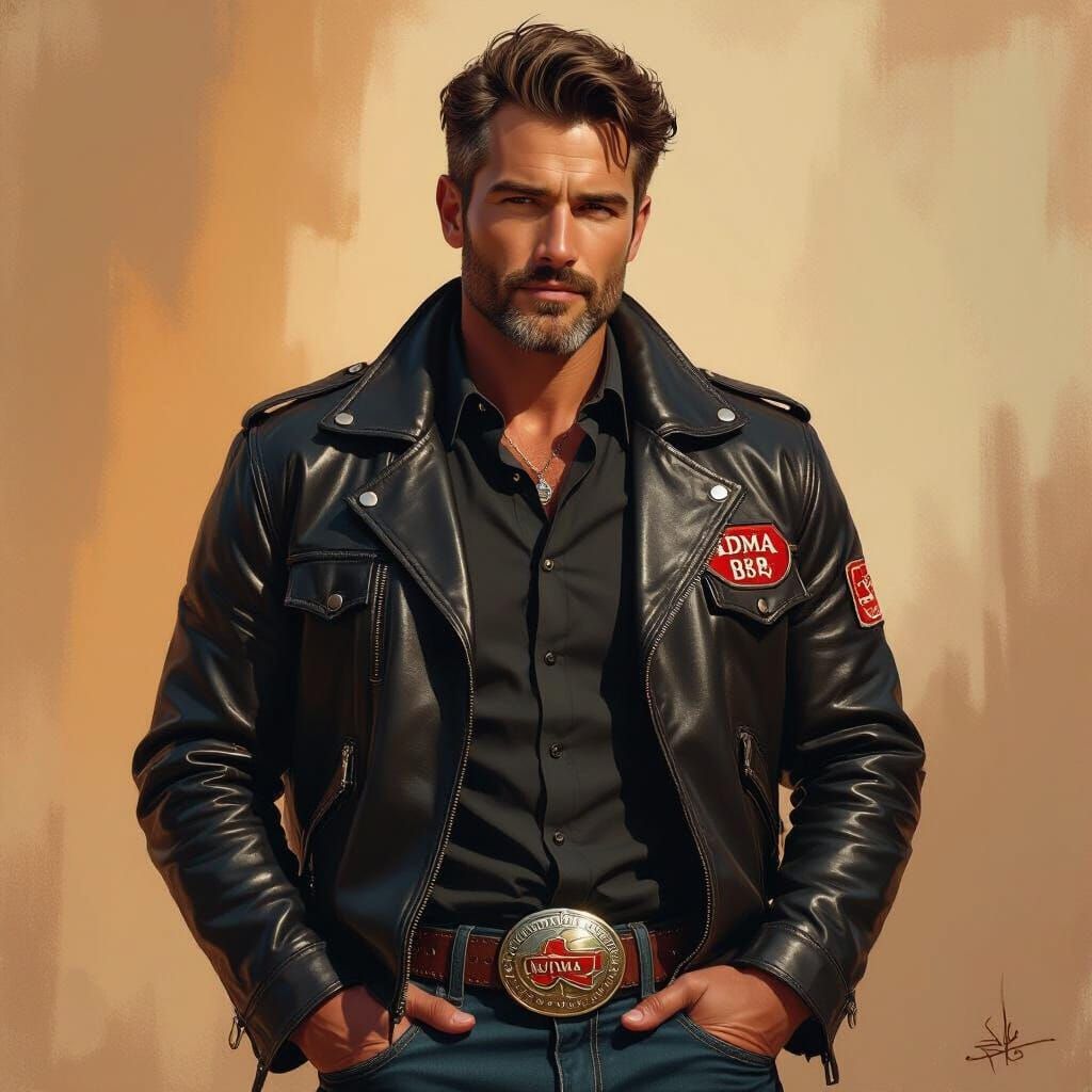 Man Displays Embroidered ADMA BBQ Patch in Digital Painting