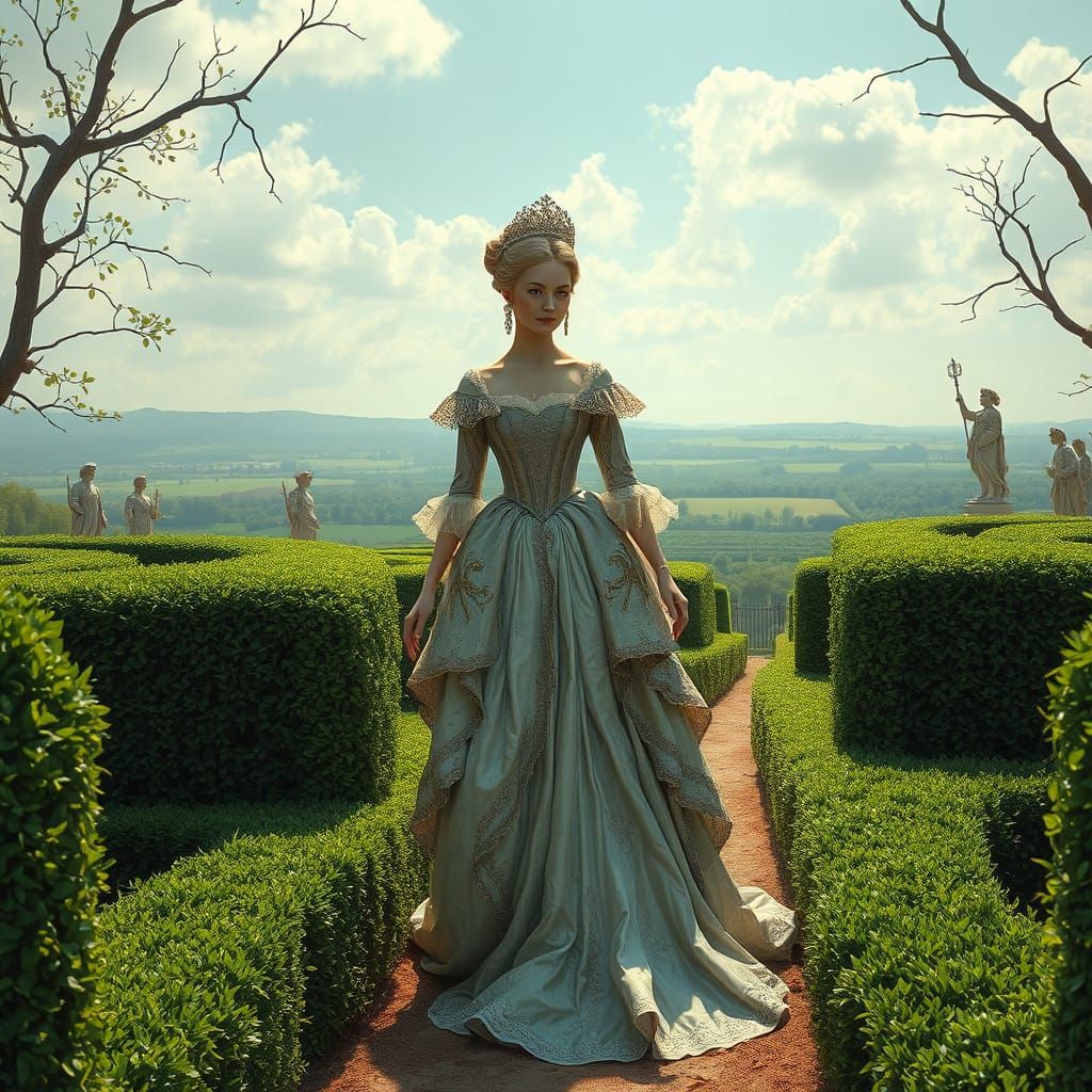 Marie Antoinette in Versailles Maze: Hyperrealistic Portrait