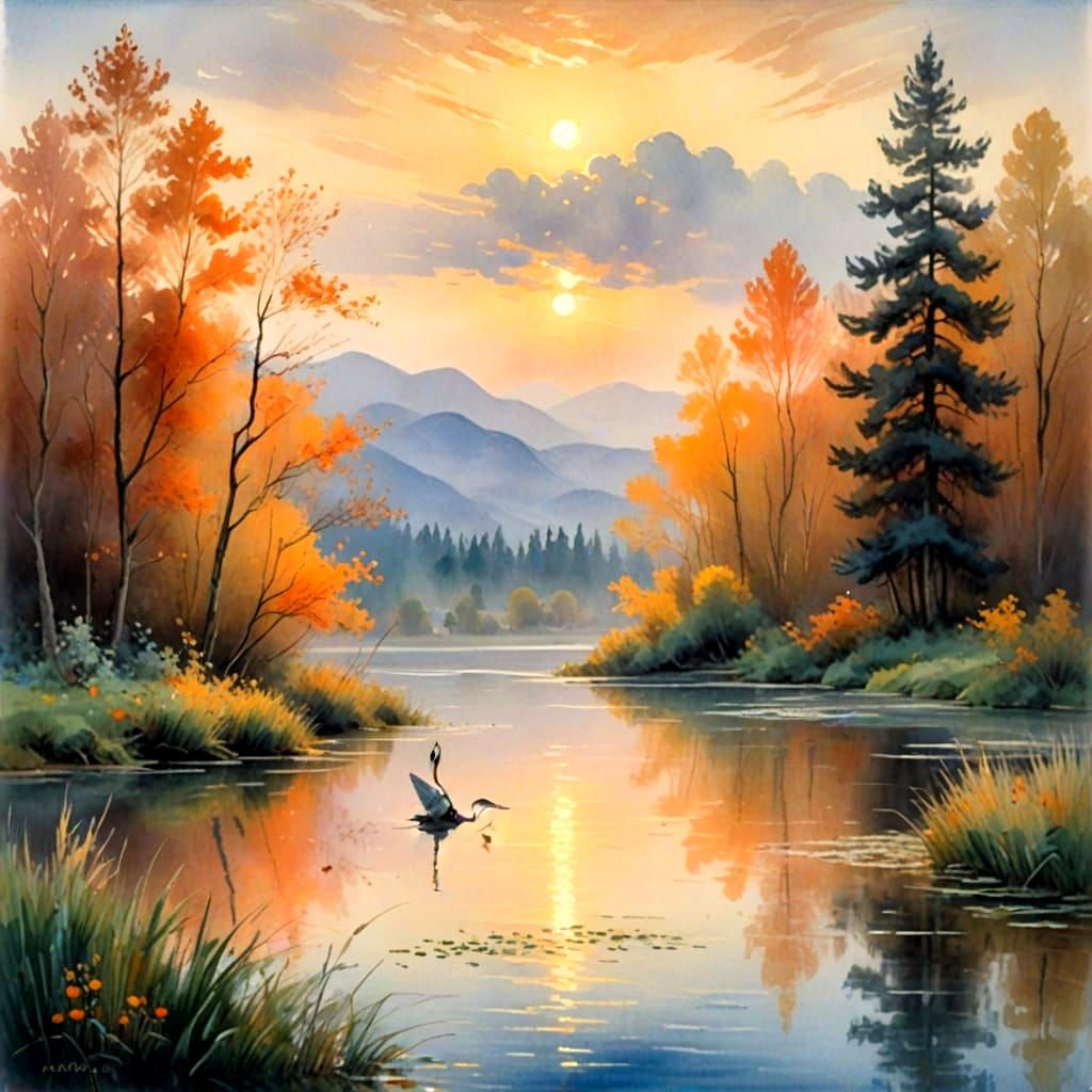 Watercolor Heron at Dusk in Mountain Woods