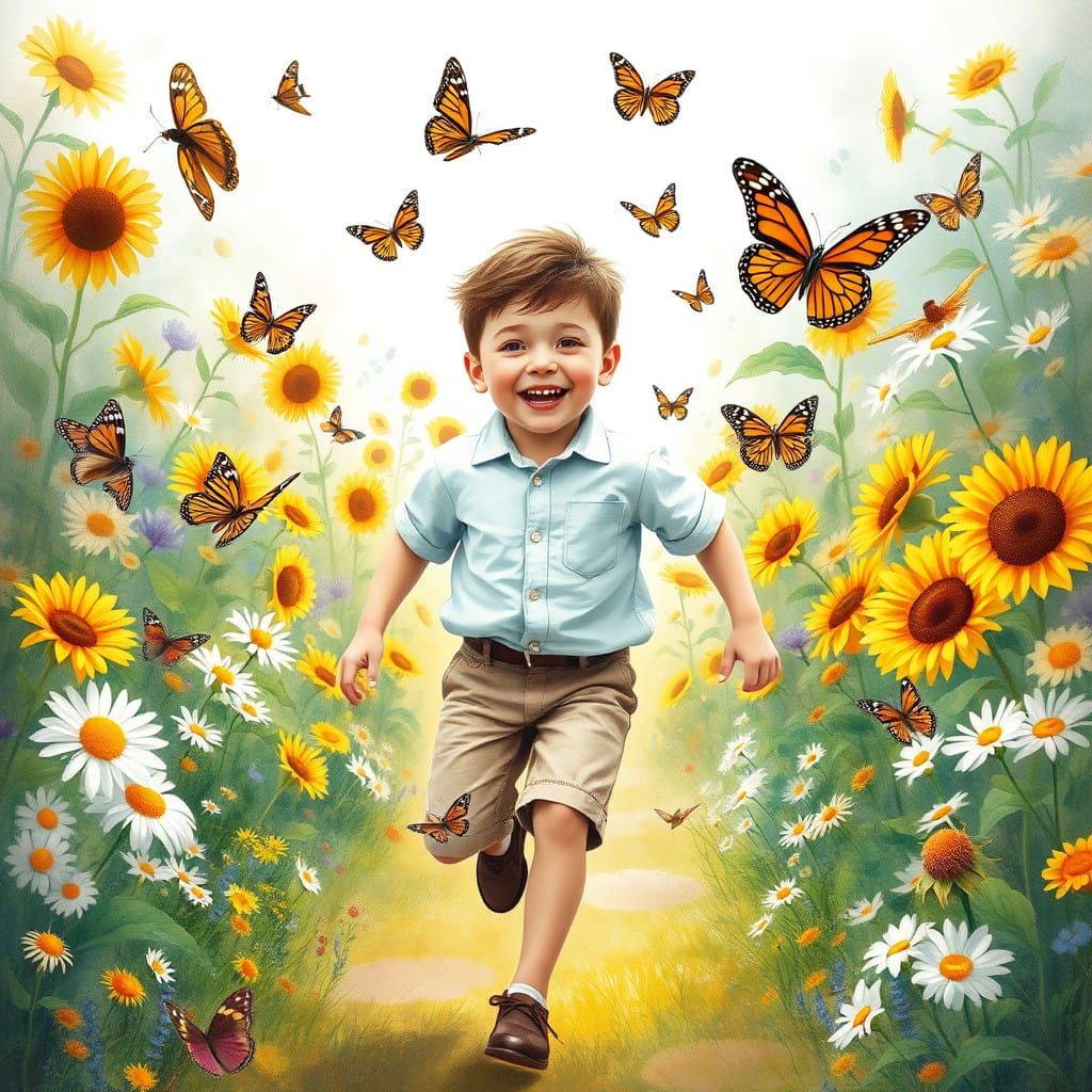 Joyful Young Boy Enjoys Whimsical Garden Adventure in Impres...
