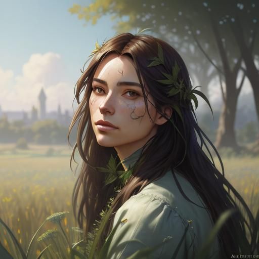 Girl in Field Portrait in Art Nouveau Style