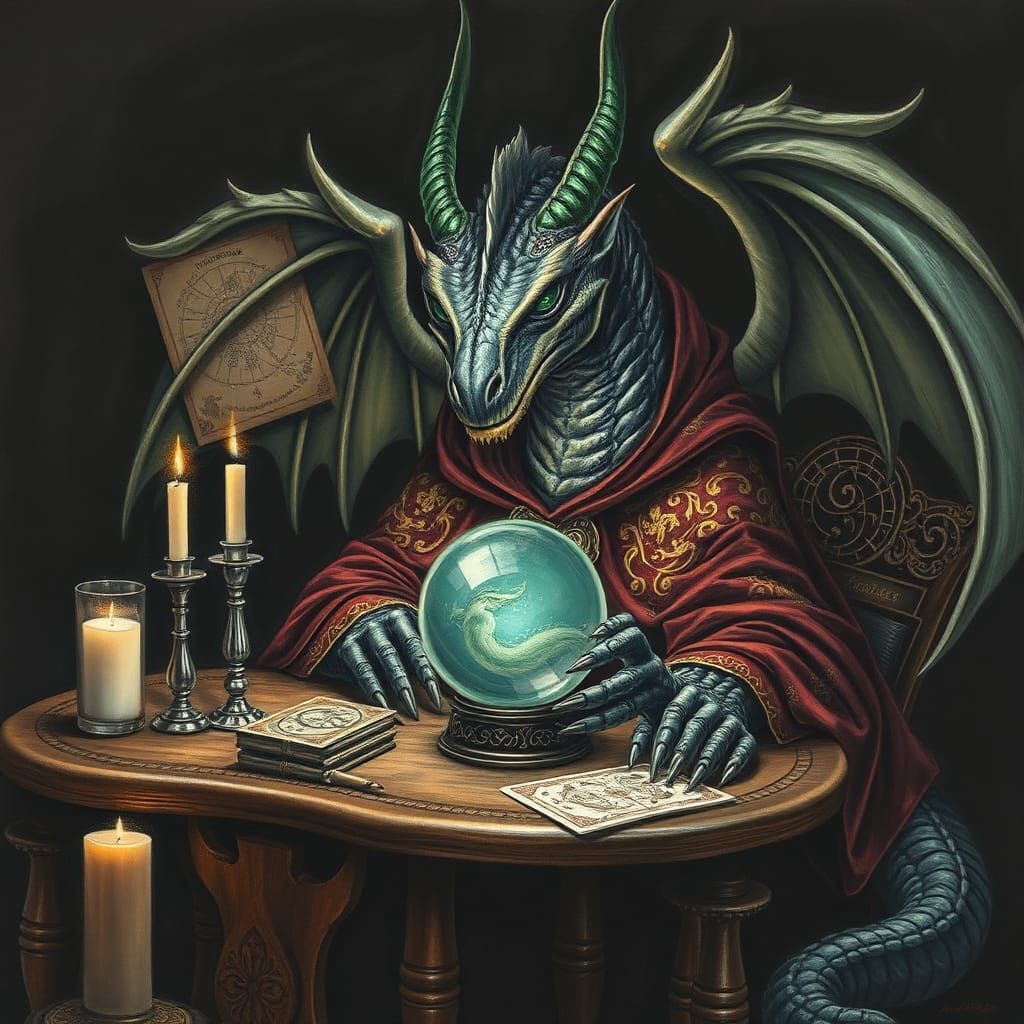 Mystical Dragon Fortune Teller in Charcoal Drawing Style