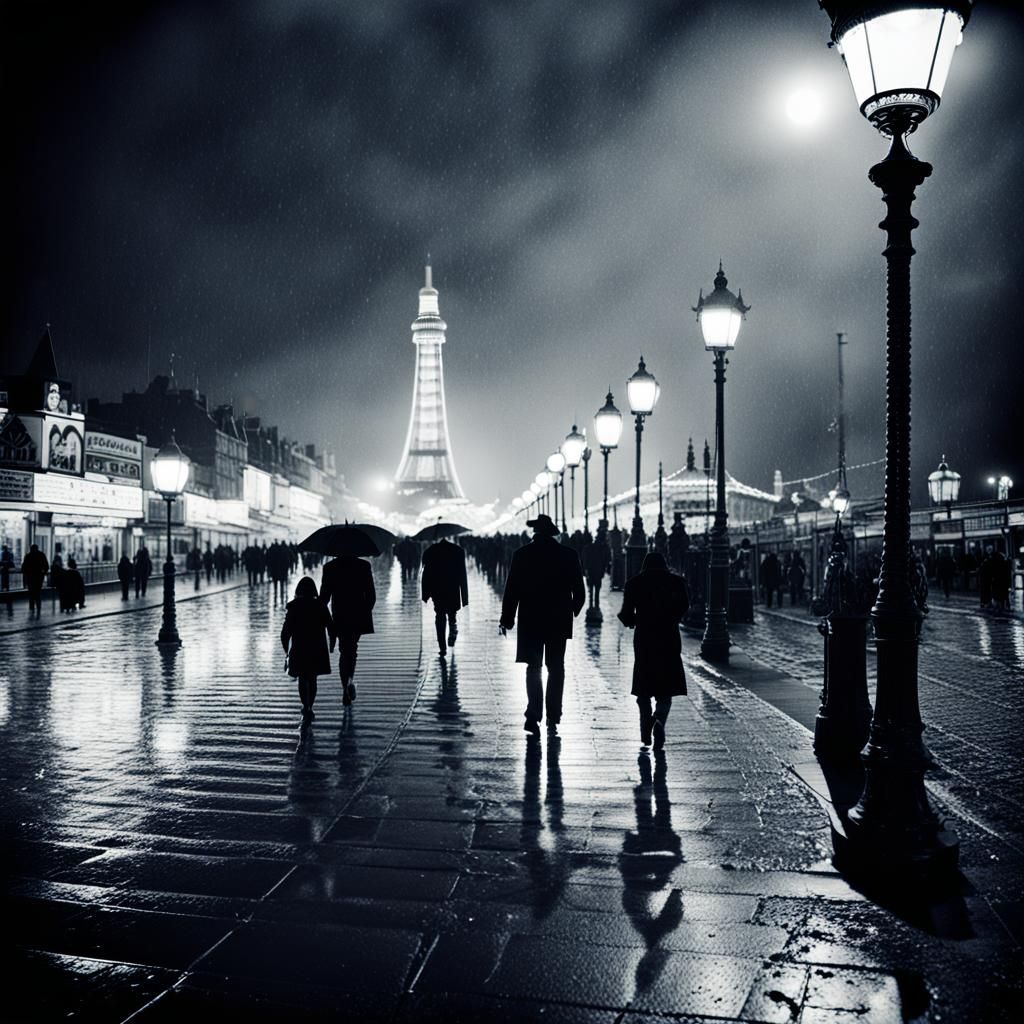 Blackpool Tower in Rain: Film Noir Ghost Light