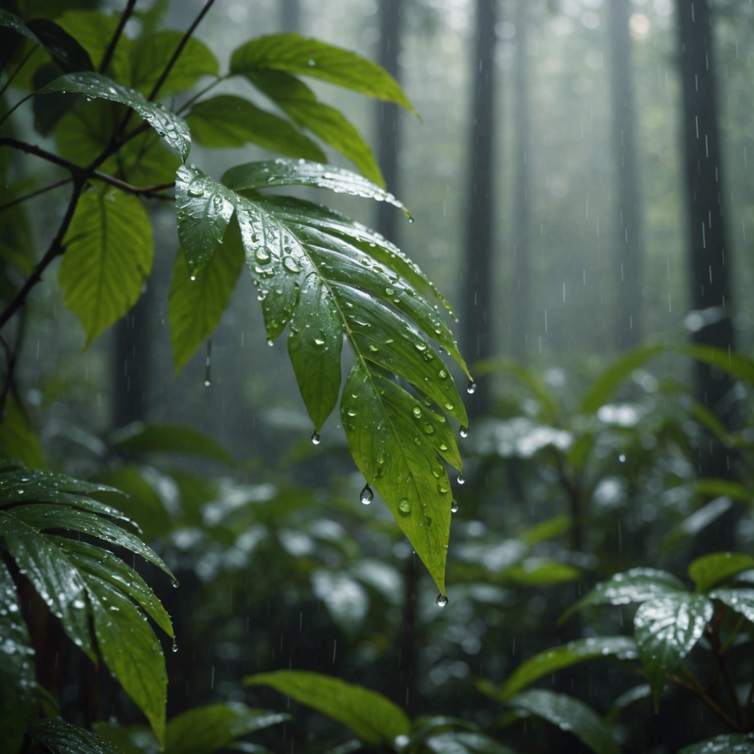 Lush Rainforest Scene with Morning Rain and Sunlight