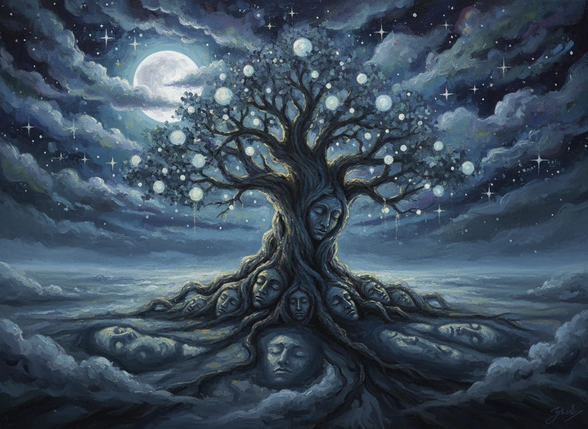 Ancient Tree with Sleeping Faces Under Moon