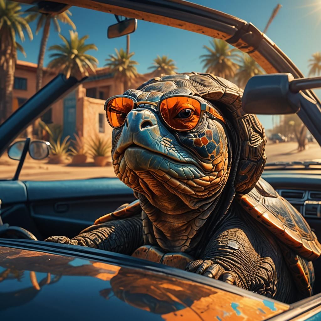 Tortoise Driver in Car: Detailed Fantasy Concept Art