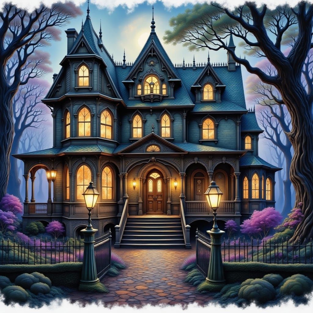 Gothic Mansion Emerging from Ancient Enchanted Forest