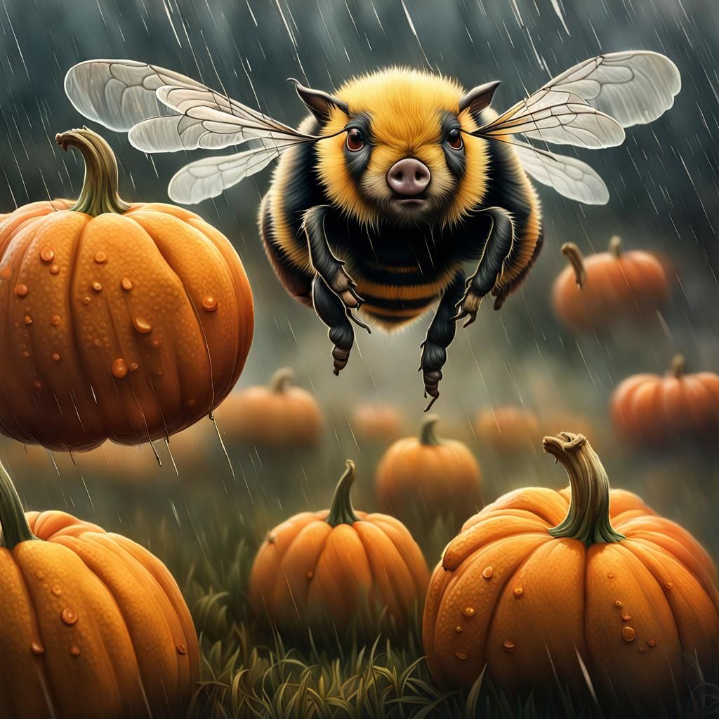 Bees, Pigs, and Pumpkins in Hyperrealistic Style