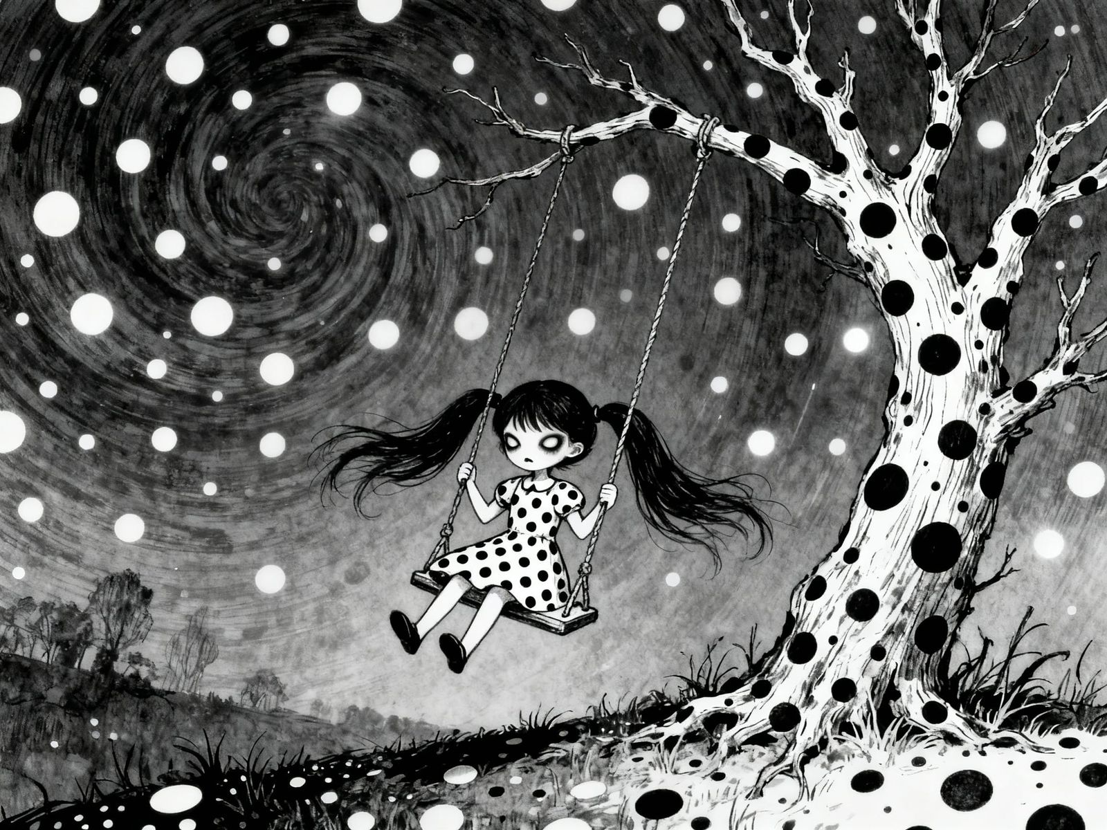 Sinister Polkadot Girl Swinging on a Dotted Tree