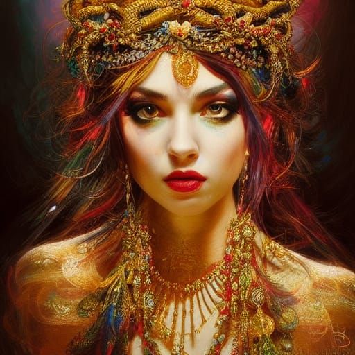 Snake Goddess Portrait in Psychedelic Digital Art Style