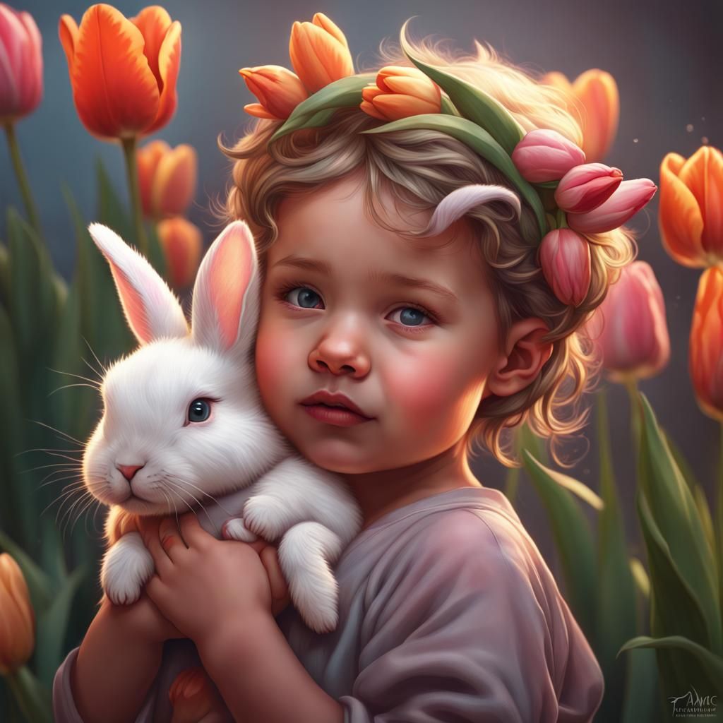 Toddler, Bunny, and Tulips: Hyperdetailed Portrait