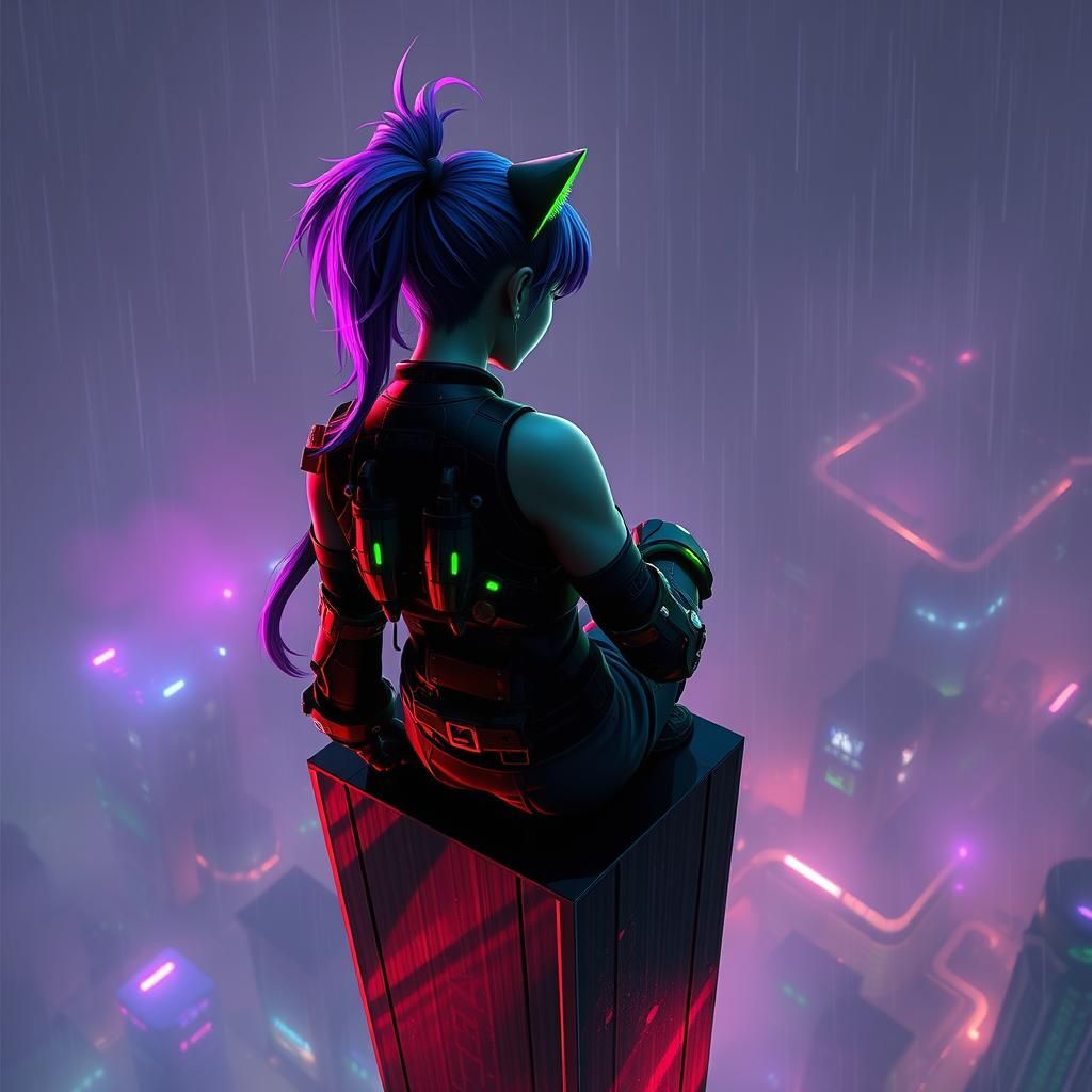 Cyberpunk Cyborg Perched Atop Neon Skyscraper