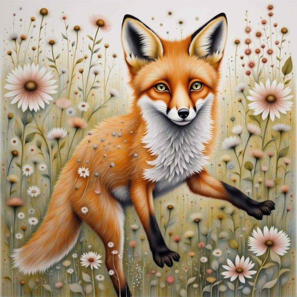 Expressive Fox Playing in Forest Meadow Art
