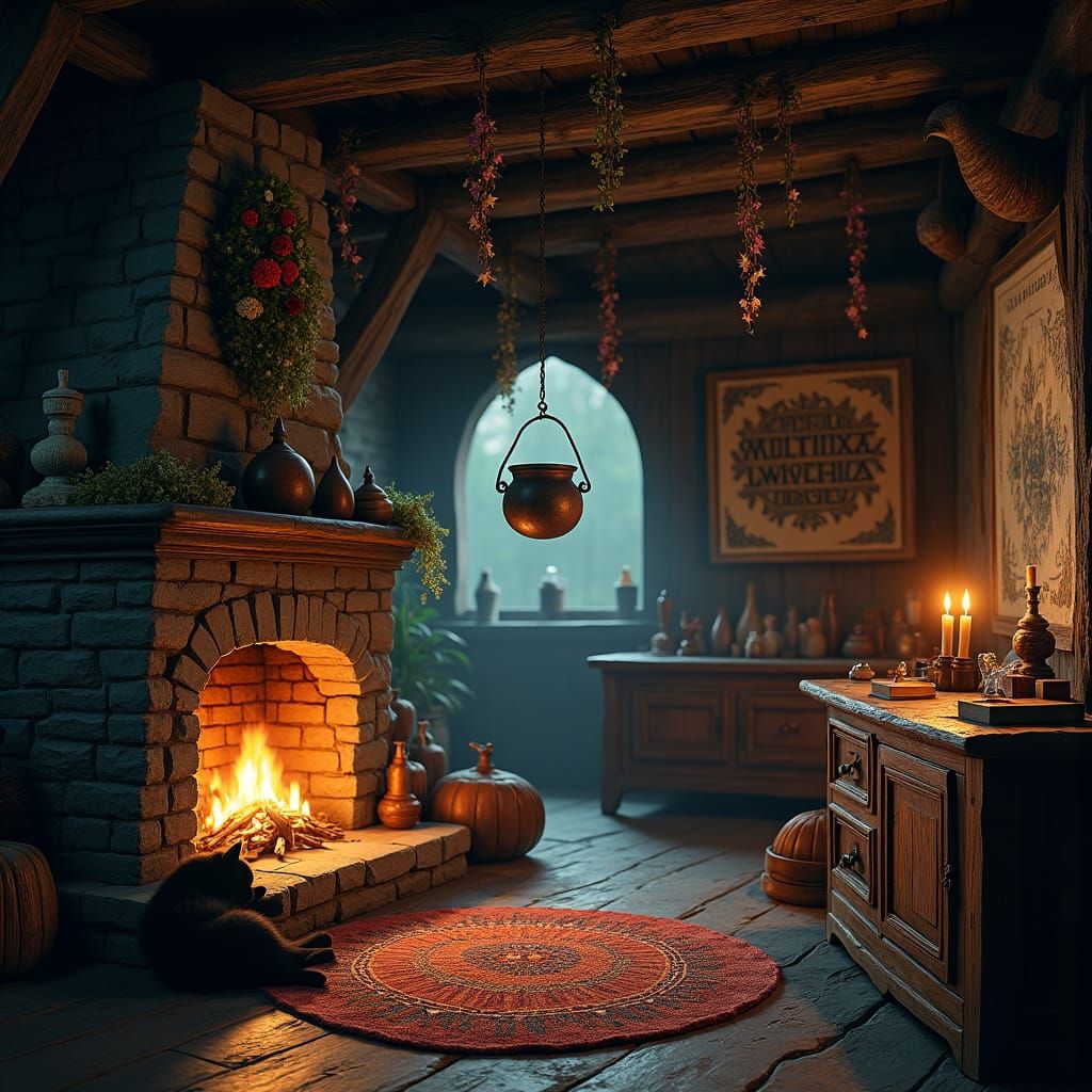 Mystical Witch's Cabin with Black Cat, Cinematic Still