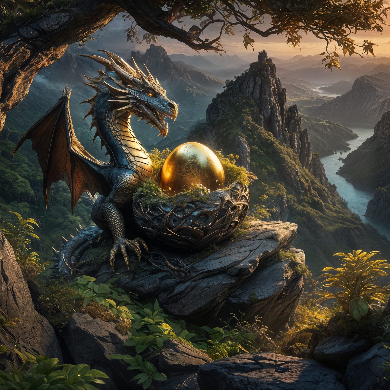 Dragon in Nest with Golden Egg: Fantasy Concept Art
