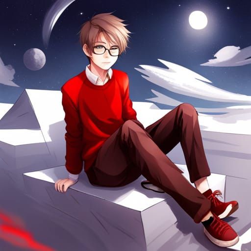 Anime Style Boy with Red Sweater and Glasses