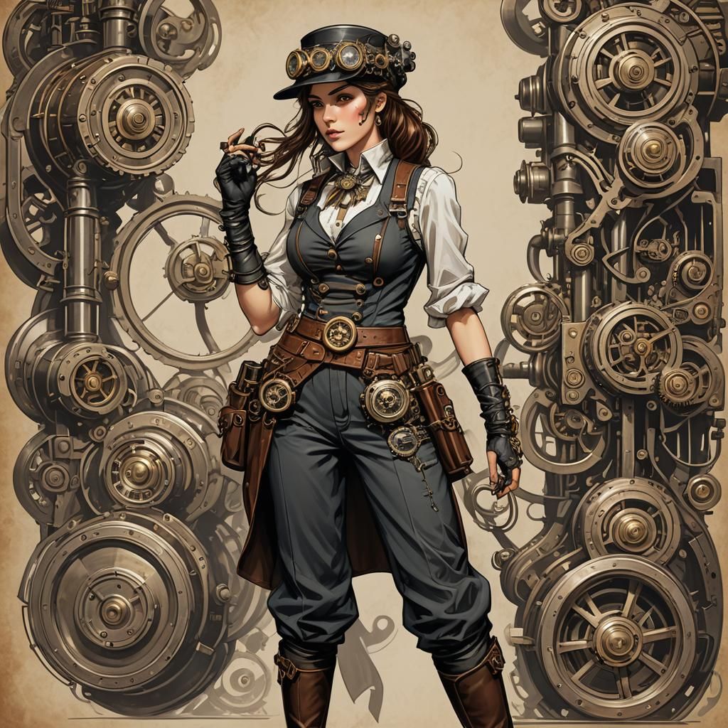 Steampunk Woman in Romper, Arms Akimbo