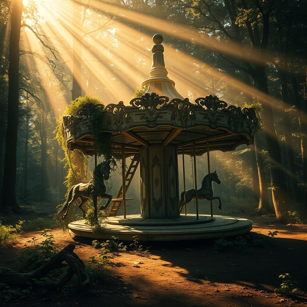 Abandoned Carousel in Sun-Dappled Forest Clearing