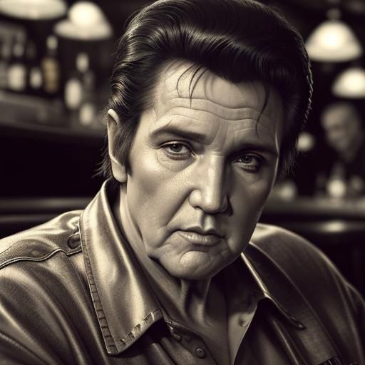 Elderly Elvis Drinking Whiskey in Ambient Light