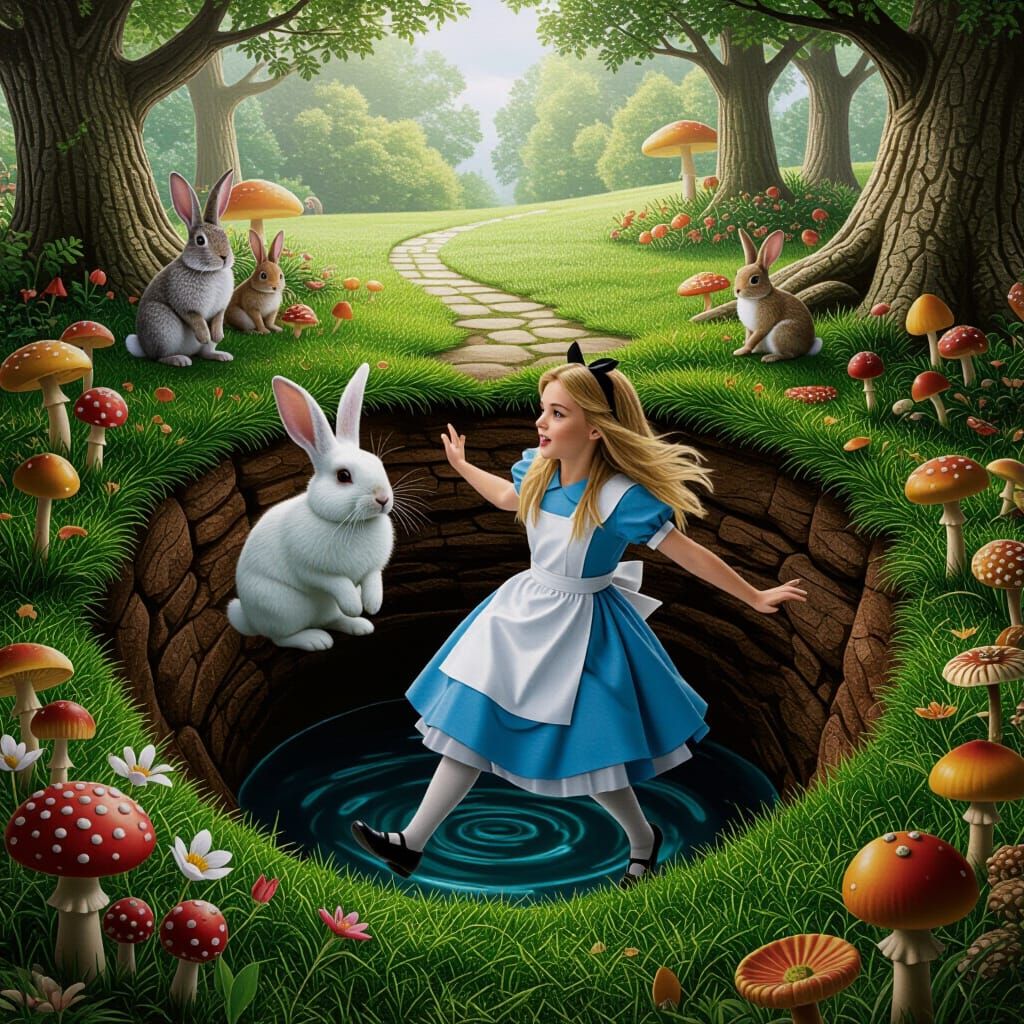 Alice Falls Down the Rabbit Hole into Wonderland