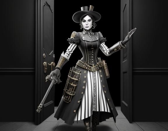 Steampunk Woman in Doorway, Lichtenstein Style Line Art