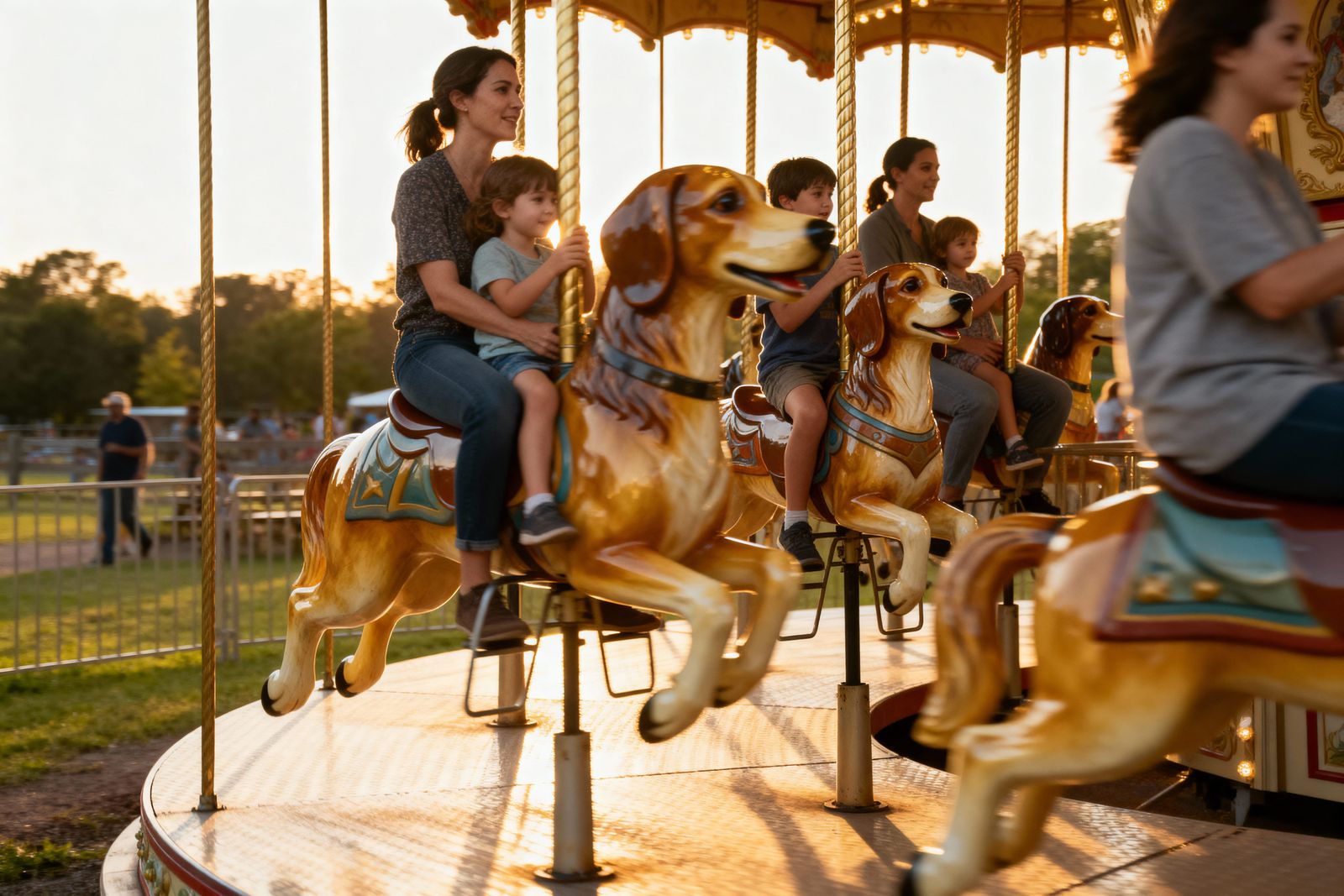 Dog Carousel Ride with Handcarved Details at Dusk